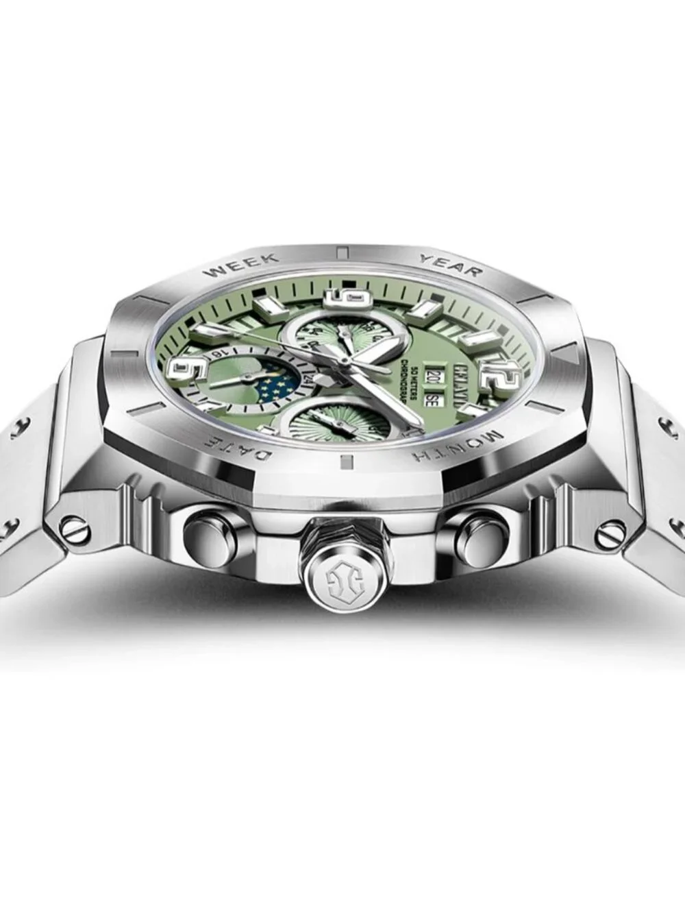 Men's Silver Case-Green Dial Automatic Mechanical Multi-Function Luxury Watch